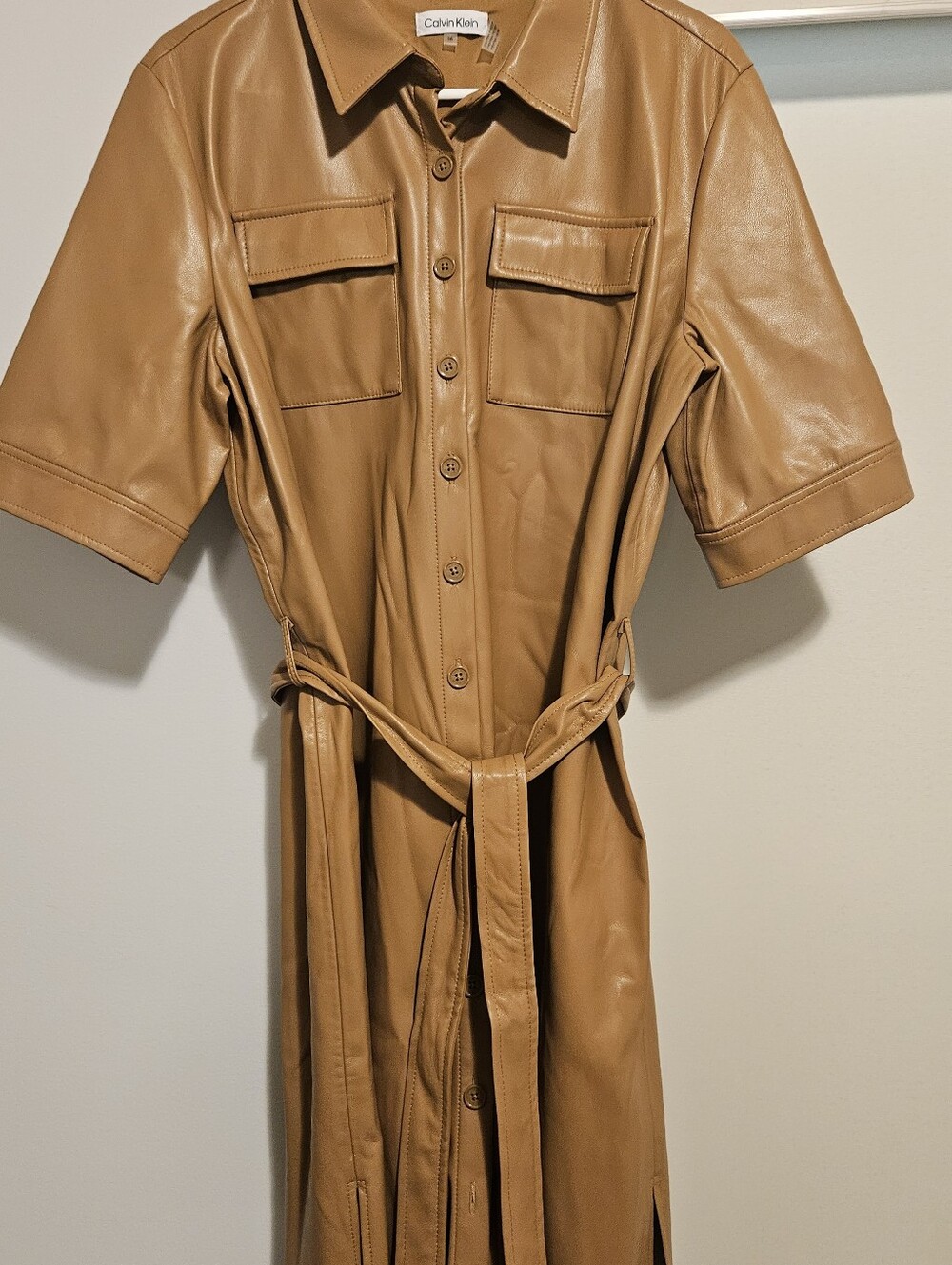 Calvin Klein Caramel Faux Leather Shirt Dress with Self-Tie Belt